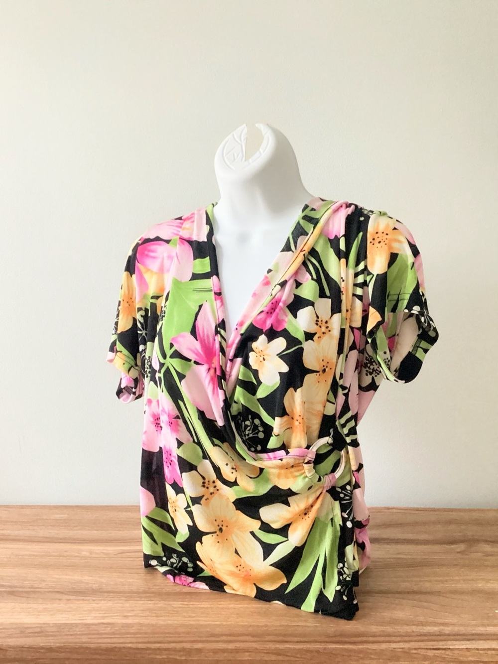 Y2K Jacyln Smith Floral Black Pink V Neck Barbie Tropical Shirt W/ Buckle XL